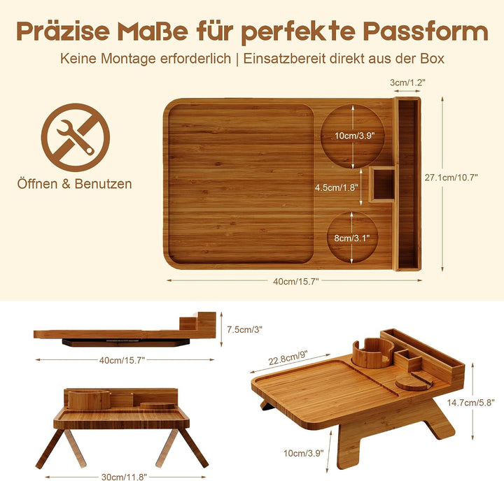 Bambus Sofa Armlehnentablett mit Getränkehalter &amp; Anti-Rutsch-Pad für Couch (Tiefgekohlte Bambusplat
