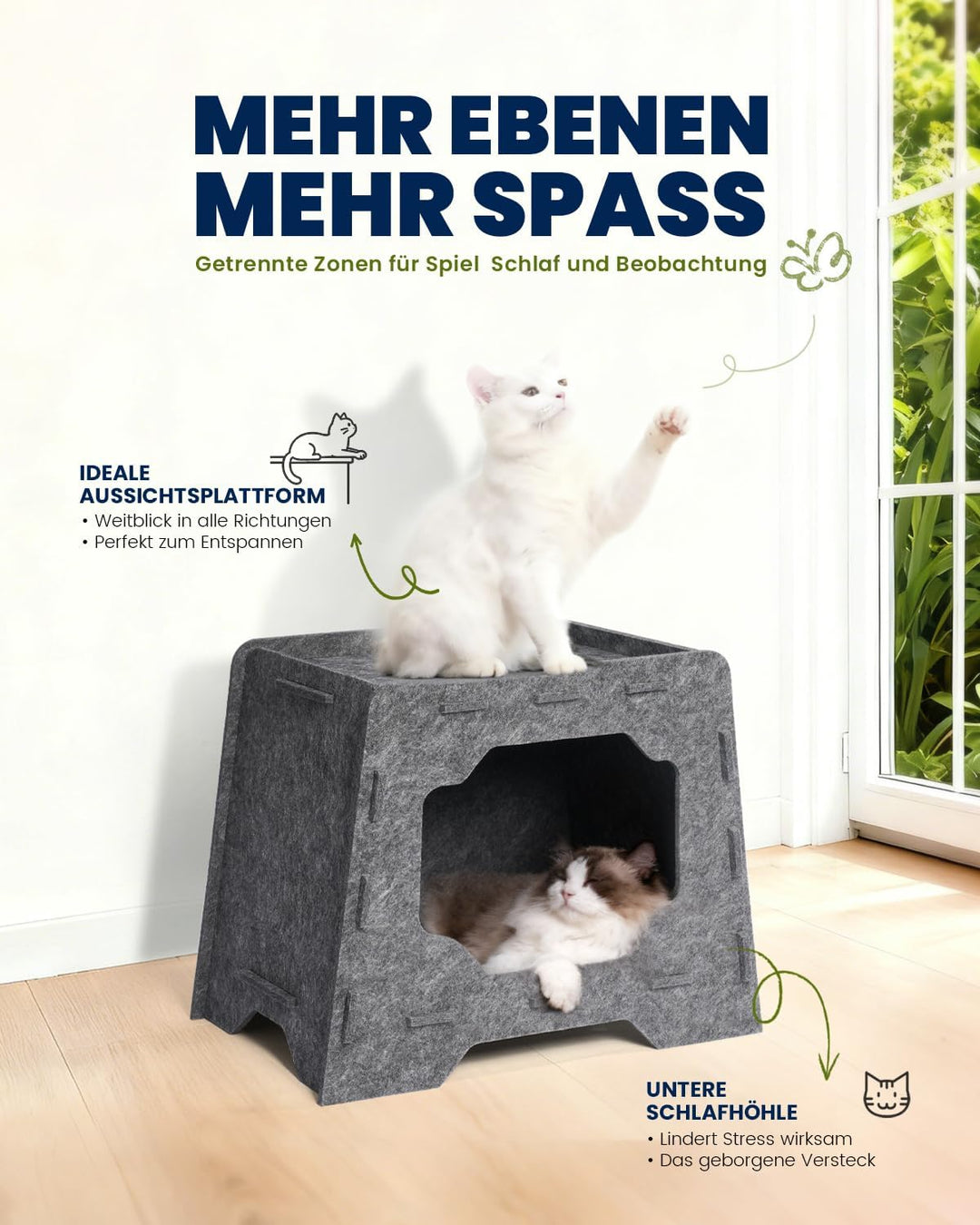 Katzenhöhle Katzenhaus aus Filz Katzenbett 2-Ebenen Katzen Höhle mit Kuschelhöhle &amp; Aussichtsplattfo