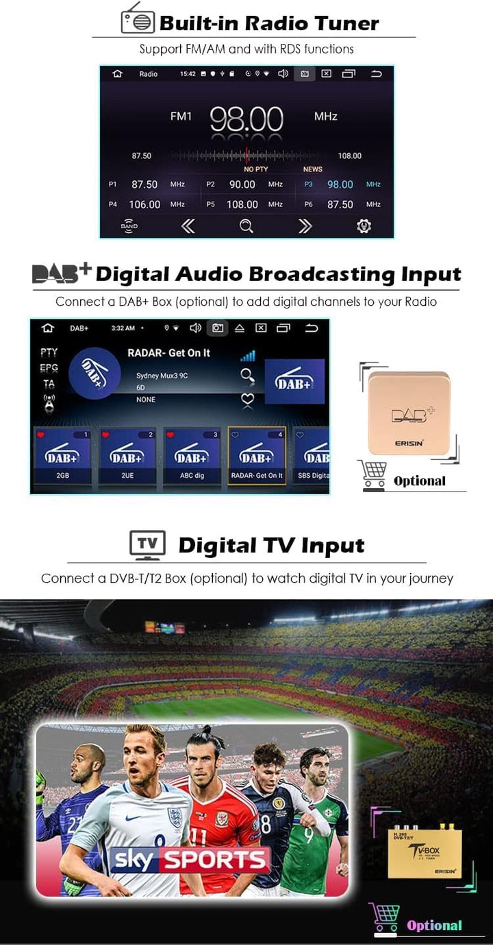 Erisin 7 Zoll Android 10 Abnehmbar 1Din Universal Autoradio mit GPS Navi HD Touchscreen Unterstützt