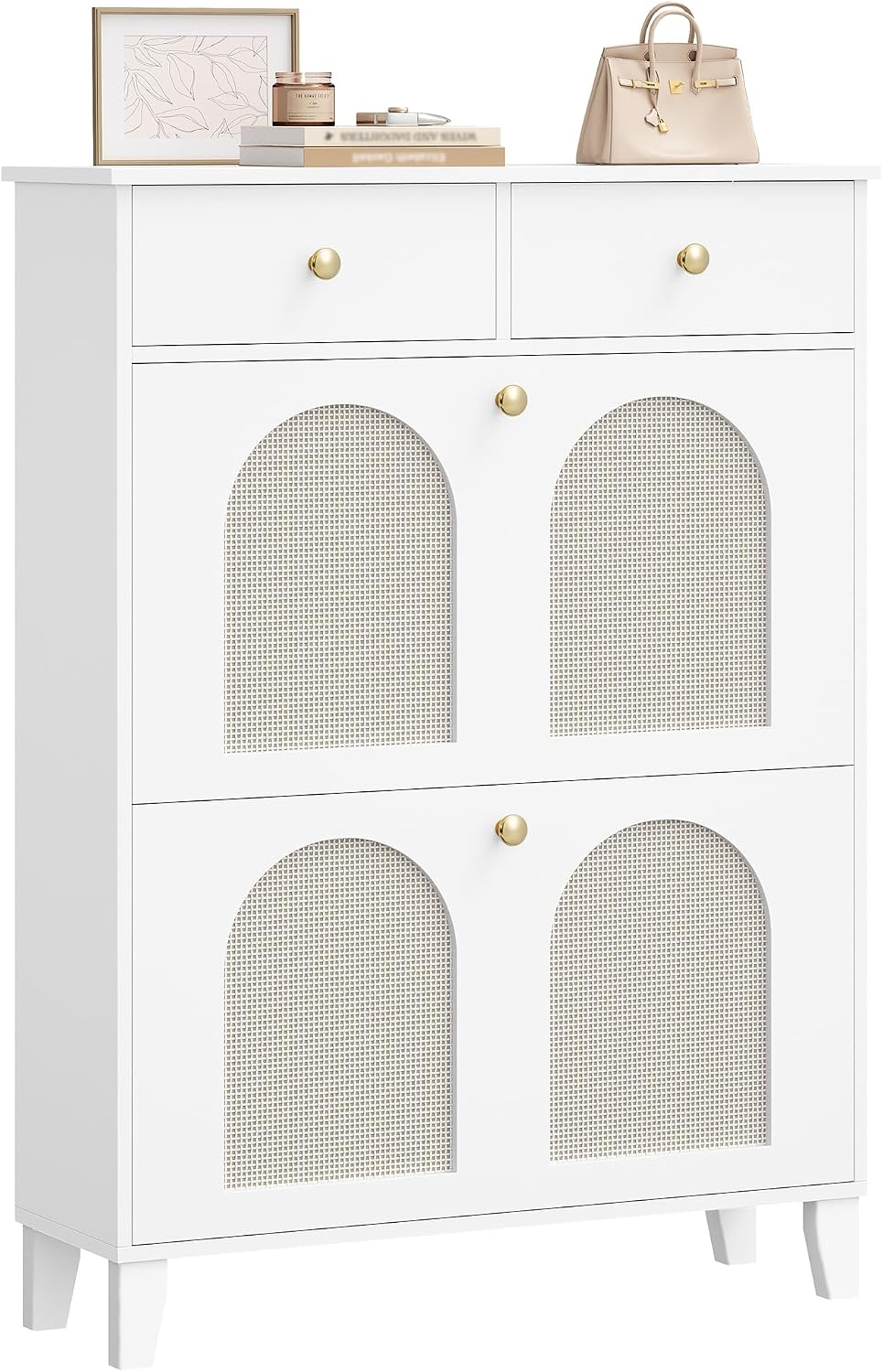 Hzuaneri Schuhschrank mit 2 Klappen, Grosser Rattan Schuhschrank Schmal Holz, Trennwand Verstellbar,