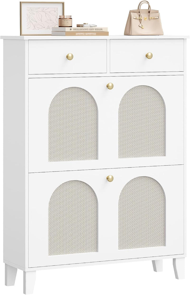 Hzuaneri Schuhschrank mit 2 Klappen, Grosser Rattan Schuhschrank Schmal Holz, Trennwand Verstellbar,