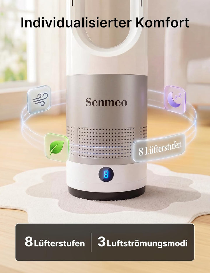 Rotorloser Turmventilator 55 cm | Fernbedienung, 90° Oszillation, 8 Geschwindigkeiten, 9H Timer, LED