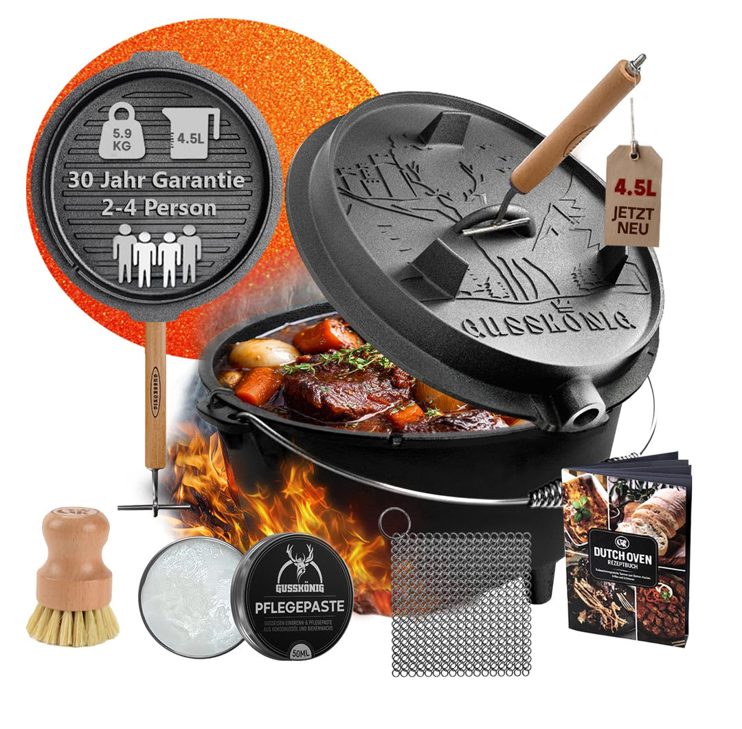 Dutch Oven Set–Eingebrannter Dutch Oven 4,5L [2–4 Person]–Feuertopf Gusseisen mit Füssen–Schmortopf