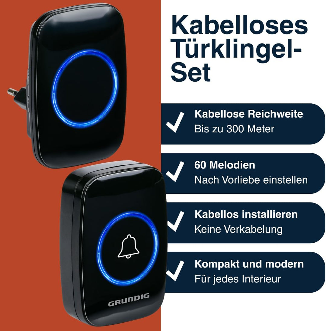 Grundig Drahtlose Türklingel Set - Funkklingel mit 300m Reichweite - LED-Anzeige und 60 Töne - Steck