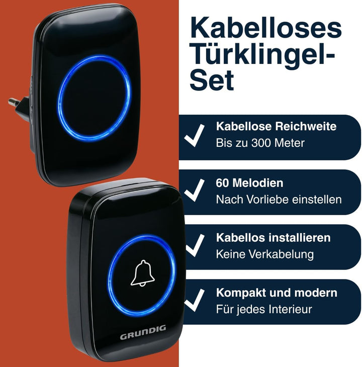 Grundig Drahtlose Türklingel Set - Funkklingel mit 300m Reichweite - LED-Anzeige und 60 Töne - Steck