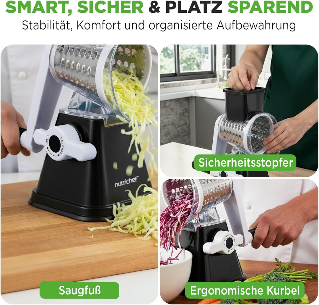 NutriChef Gemüsehobel mit Kurbel, 3 Klingen für Käse &amp; Gemüse – Schwarz, Schwarz