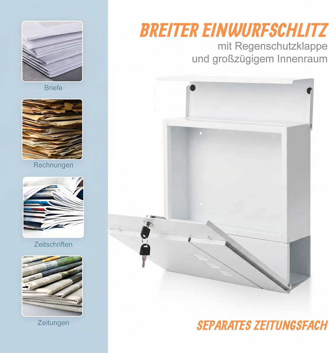 Relaxdays Briefkasten mit Zeitungsfach, HxBxT: 37,5 x 37 x 10,5 cm, weiss, Weiss