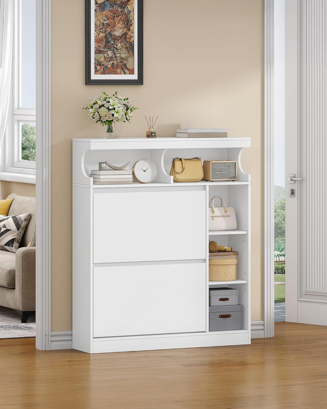 Hzuaneri Schuhschrank mit 2 Klappen, Schmal Schuhschrank mit 3 Ablagefächer, Trennwand Verstellbar,