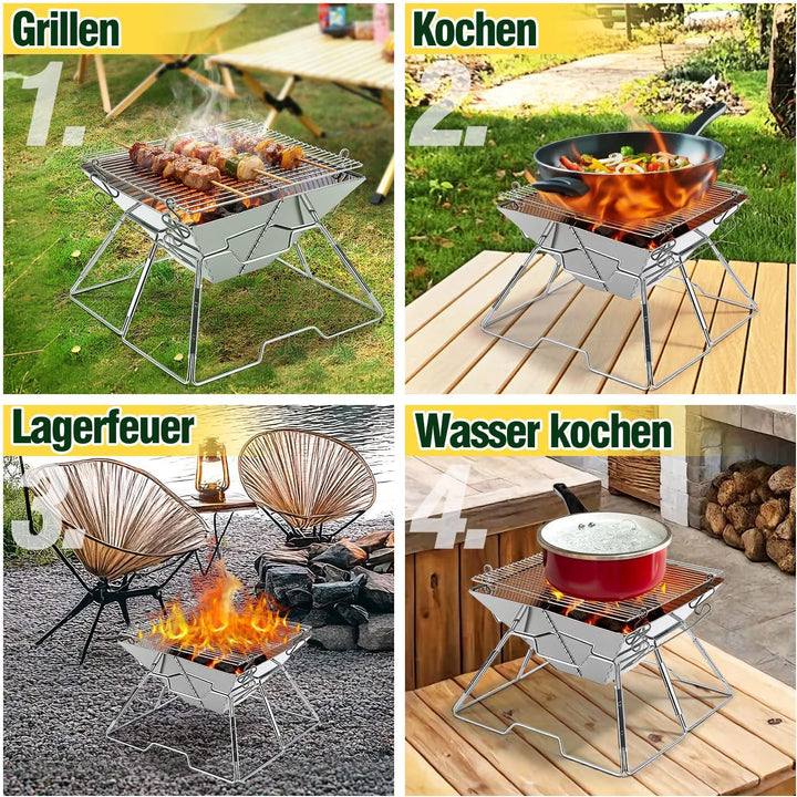 Mini Campinggrill Klappbar 31x31cm Holzkohlegrill Edelstahl Tragbarer Grill mit Tragetasche, Kleiner