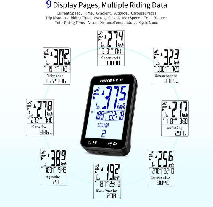 GPS Fahrradcomputer Kabellos Bluetooth 12 Sprachen App