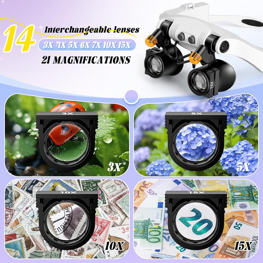 NZQXJXZ Lupenbrille mit Licht, 3X-15X Head Lupe mit LED Licht Weiss, Weiss