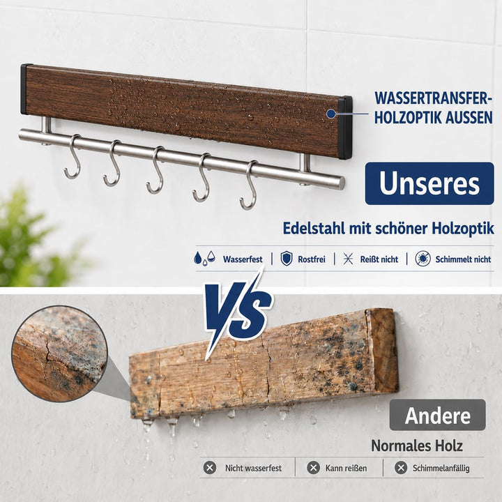 Dmore Magnetleiste Messer mit 5 Haken, 30 cm Messerhalter magnetisch aus Edelstahl, Walnuss-Optik Ma