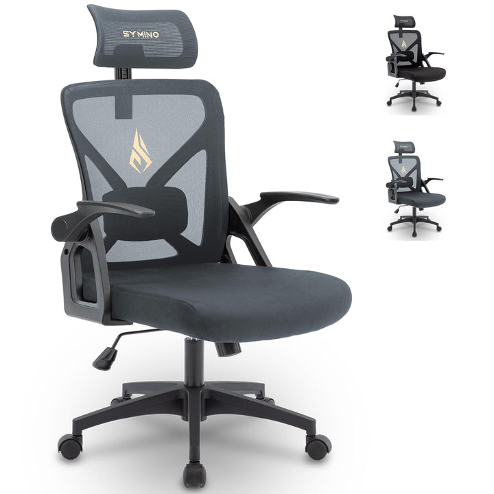 symino Bürostuhl, Schreibtischstuhl, Drehstuhl Ergonomischer mit Verstellbarer Kopfstütze, Armlehnen