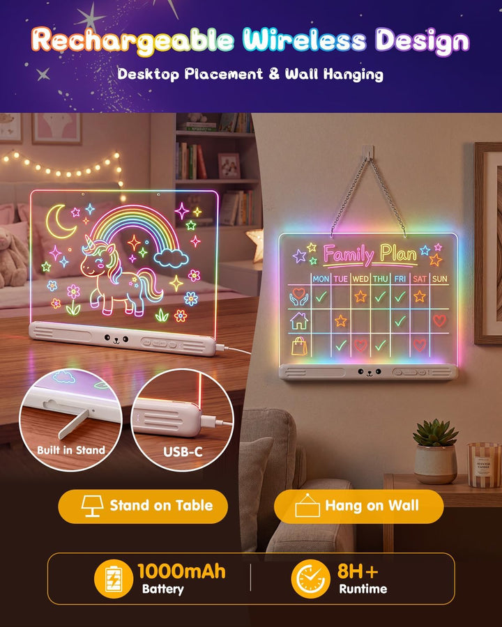 LED Zeichenbrett, Wiederaufladbares Leuchtendes LED Zeichentafel für Kinder mit 7 Farbmodi &amp; Einstel