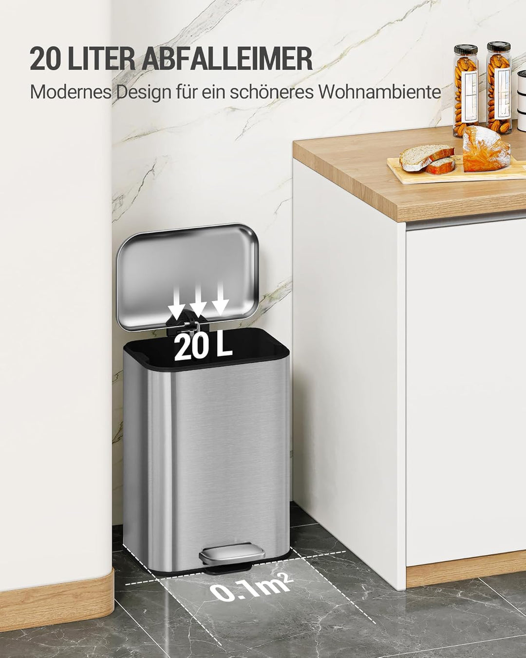 Hzuaneri Mülleimer Küche, 20L Abfalleimer mit Tretpedal, Tretmülleimer mit Softclose-Deckel und Inne