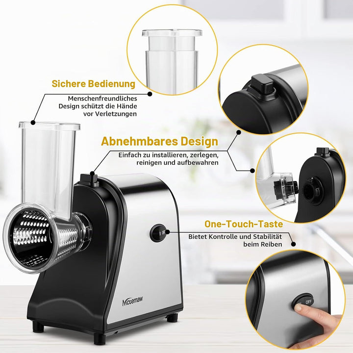 COOCHEER 5-in-1 Elektrischer Gemüseschneider 250W - Edelstahl Silber Schwarz, Silber Schwarz