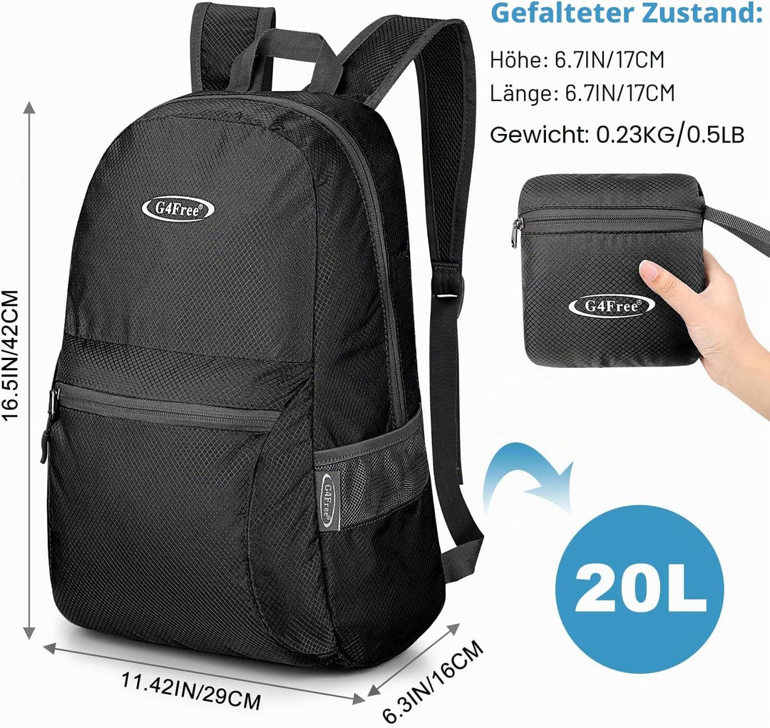 G4Free 20L Faltbarer Rucksack Ultraleichter Wanderrucksack Daypack 20L Schwarzes Update, 20L Schwarz