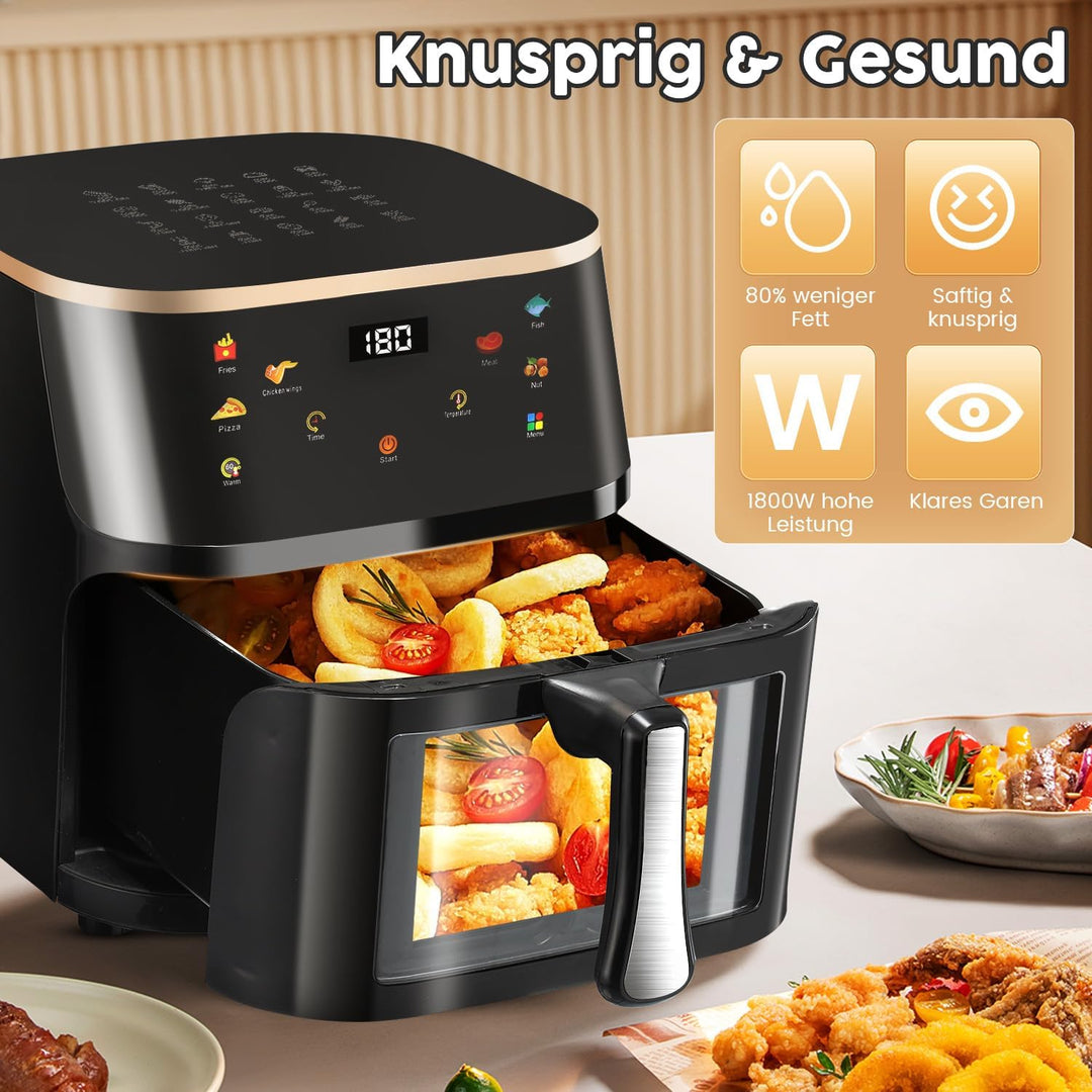 HeissLuftfritteuse, 9 Liter, Touchdisplay, HeissLuftfritteuse Mit Sichtfenster Pro Air Fryer Timer &amp;