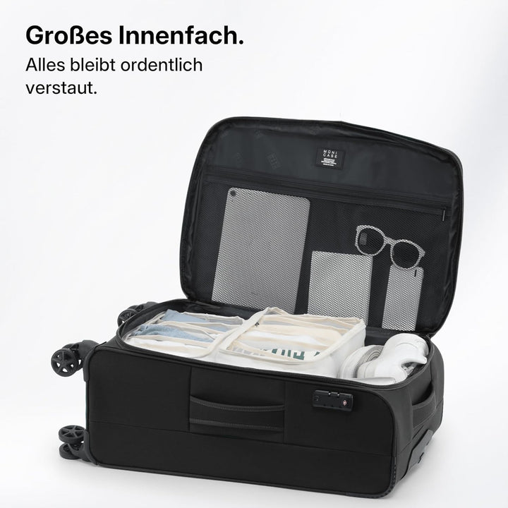 Münicase Stoffkoffer erweiterbar mit Frontfächern,15% Extra-Volumen, TSA-Schloss, 360° Doppelrollen