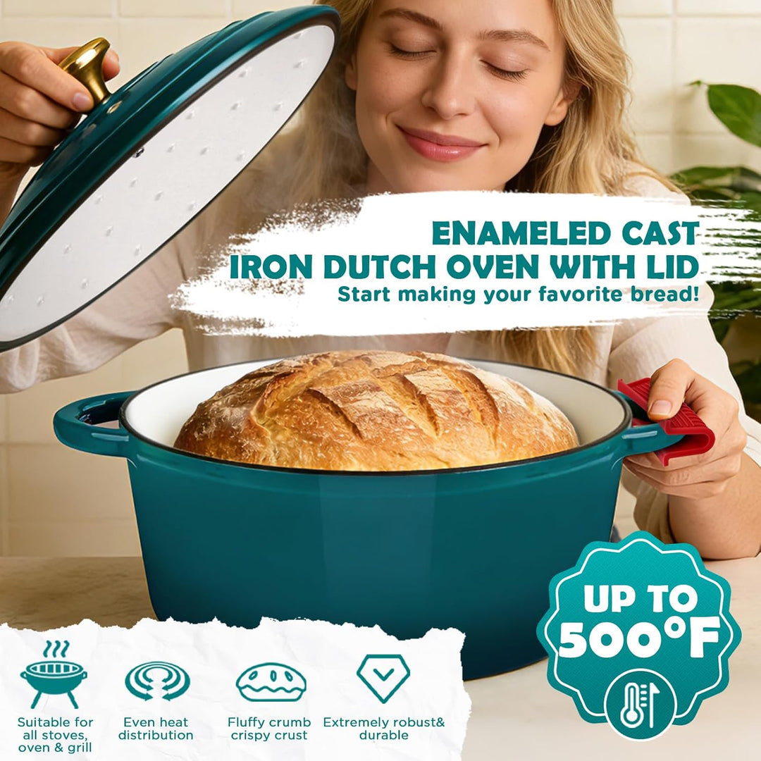NZQXJXZ Gusseisen Topf Brot Backen, 26cm Emaille Schmortopf mit Deckel Brotbackform mit Banneton Bro