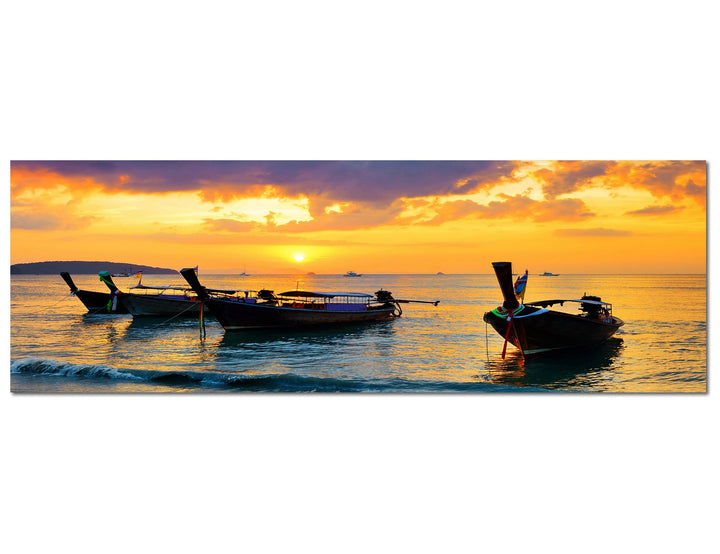Paul Sinus Art Panoramabild auf Leinwand und Keilrahmen 120x40cm Thailand Strand Fischerboote Abends