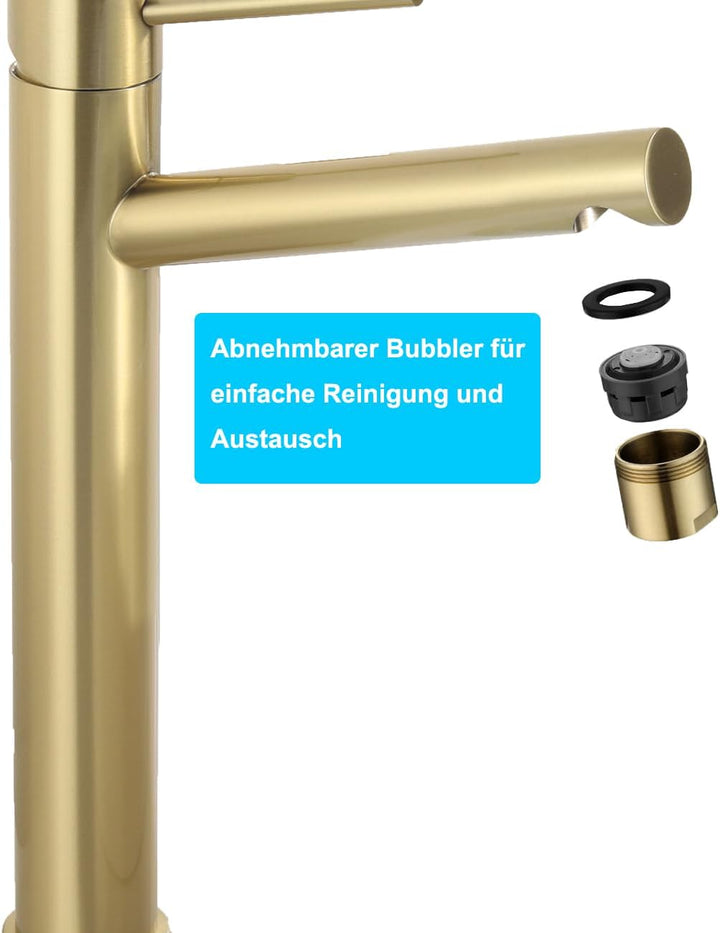 Hoch Waschtischarmatur Matt Gold, Wasserhahn Bad Hohe Armatur für Aufsatzwaschbecken, Einhebelmische