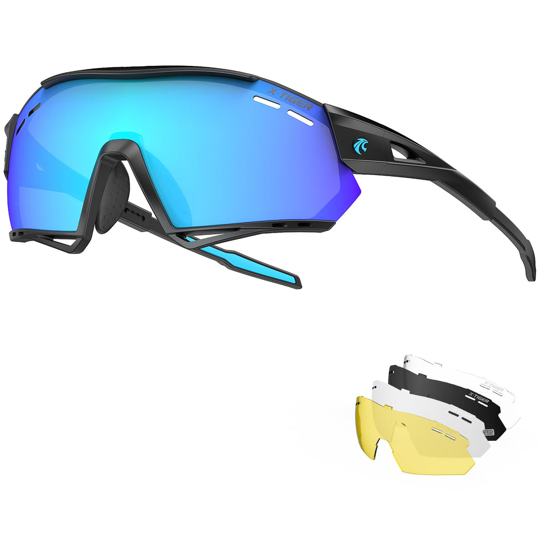 X-TIGER Fahrradbrille, UV400 mit 5 Wechselgläser,Herren Damen Sportbrille, Starker TR90 Frame,Outdoo
