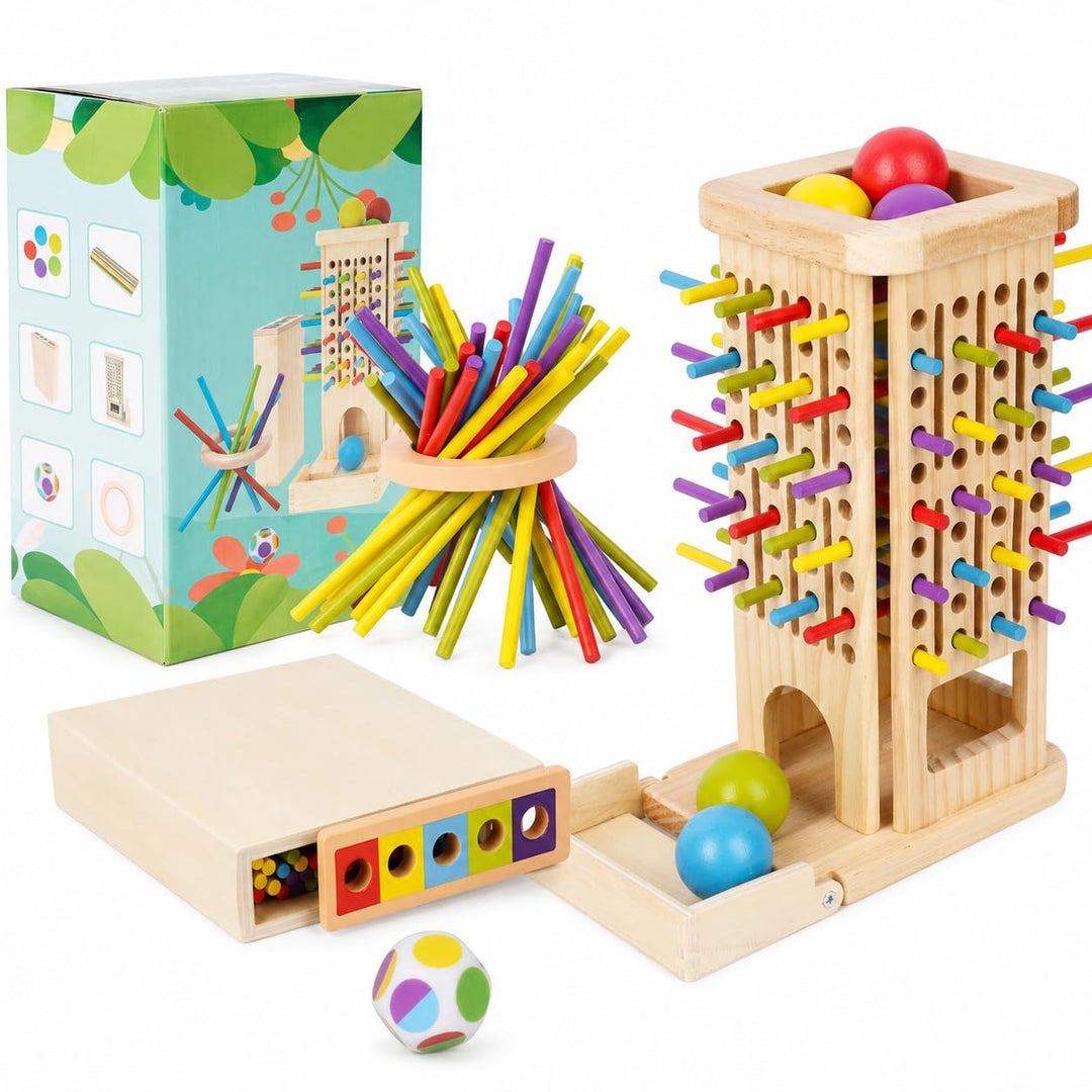 3-in-1 Montessori Spielzeug ab 3 Jahre, Holz Brettspiel mit Stäben | 40 Holzstäbe, Holzbox, Kugelfal