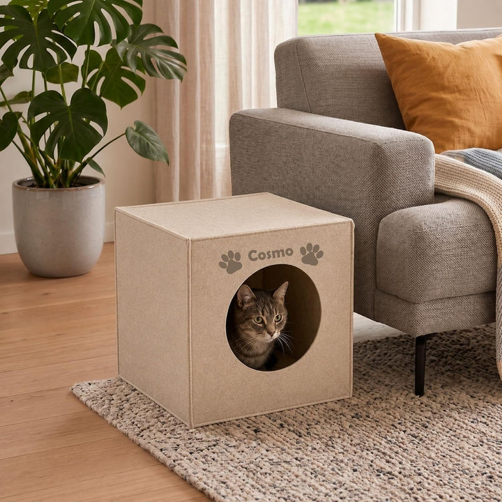 Personalisierte Katzenhöhle Filz mit Name, Katzenhaus Würfel passend für Kallax Regal, Beige, Beige