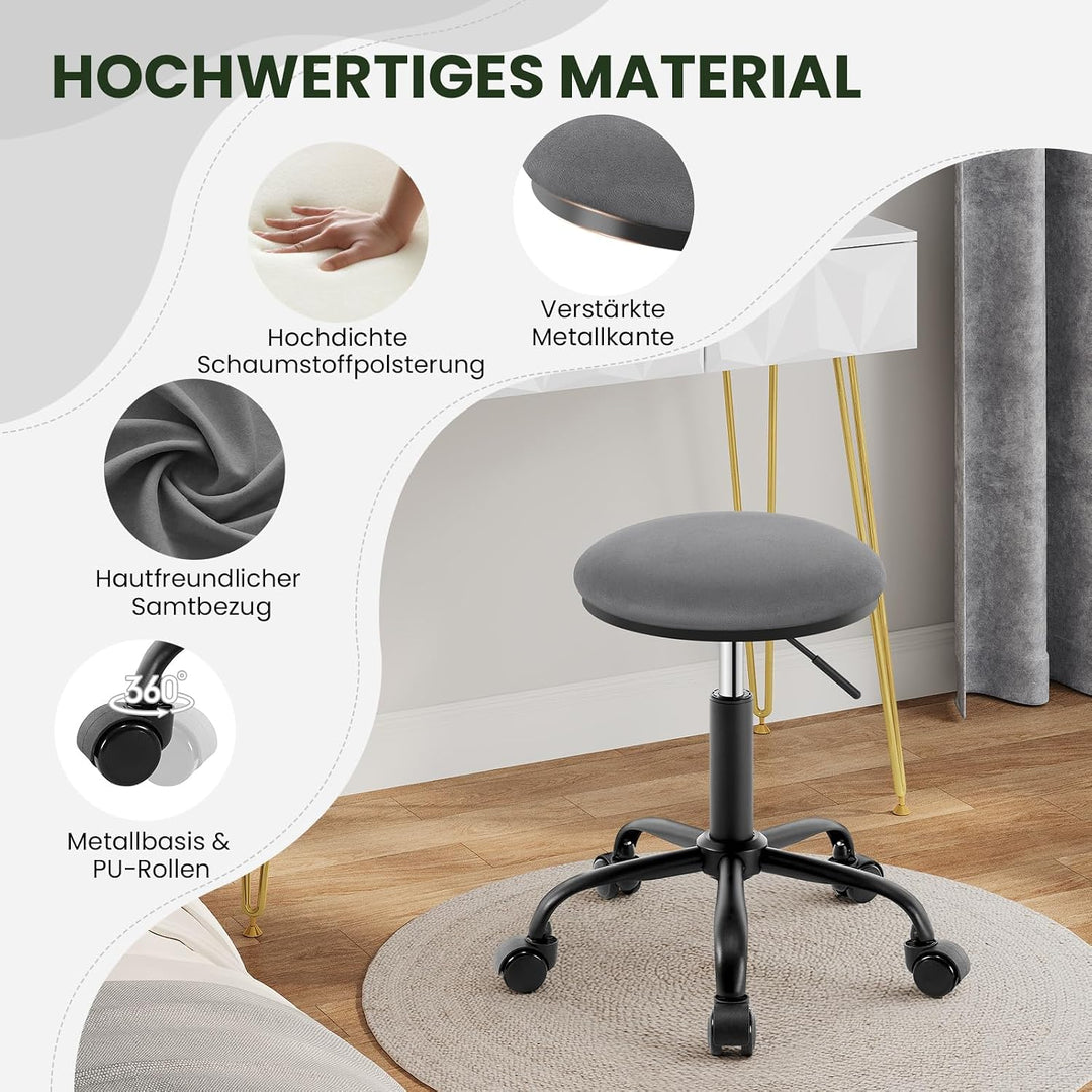 EUGAD Rollhocker Höhenverstellbar, Runder Hocker, Samt, Dunkelgrau | Drehhocker mit Rollen, 360° dre