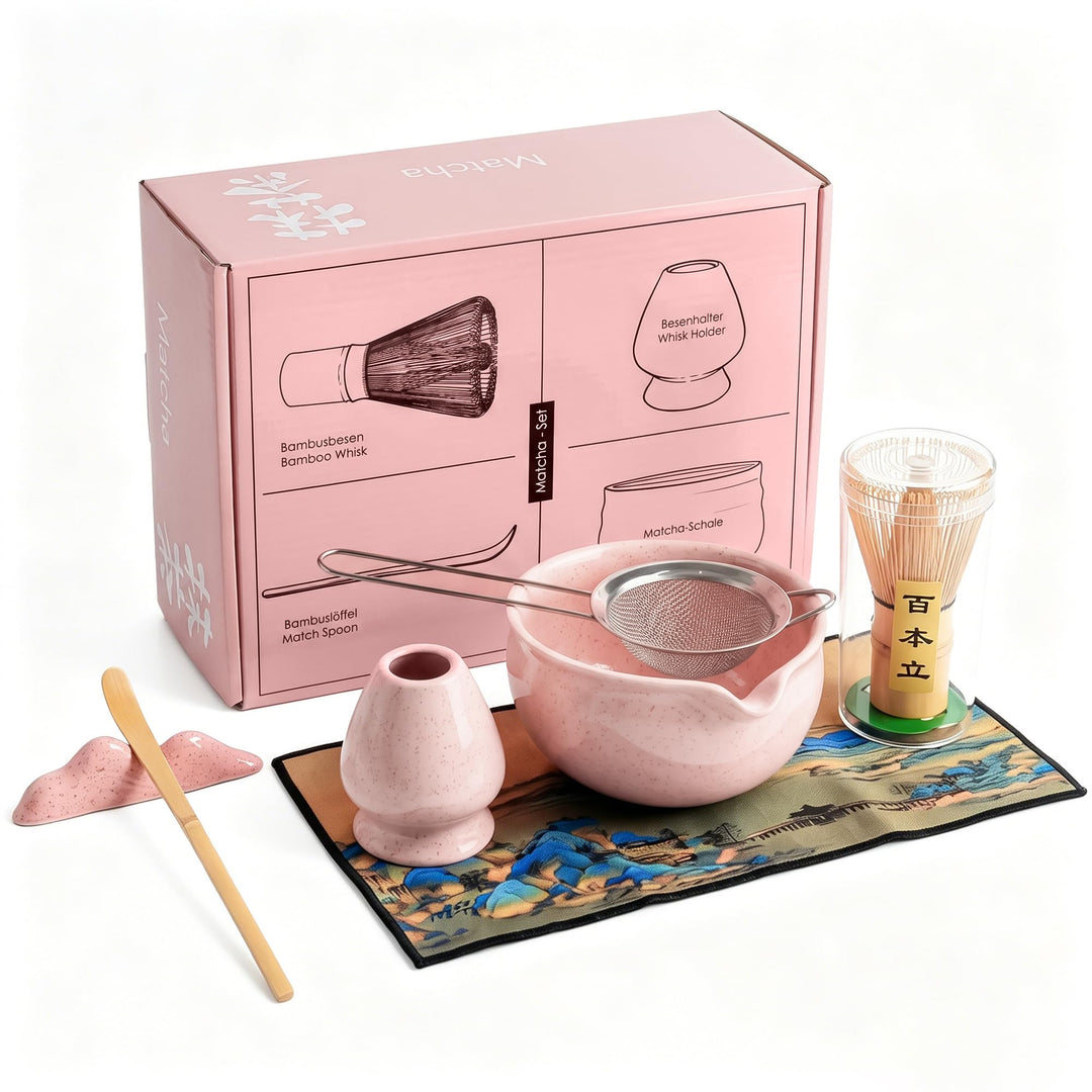 Matcha Set Rosa 7-teilig Bambus Matcha Besen Set Matcha Schalen Set, Rosa