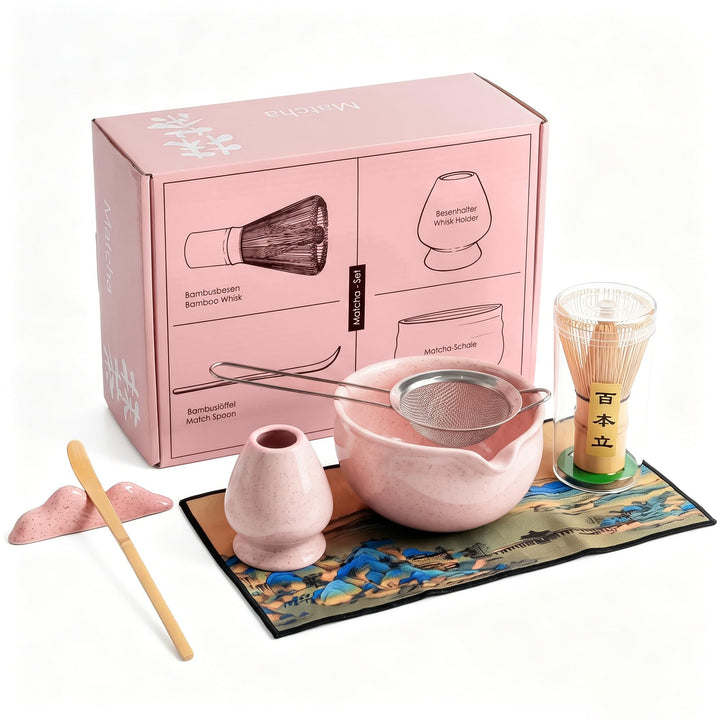 Matcha Set Rosa 7-teilig Bambus Matcha Besen Set Matcha Schalen Set, Rosa