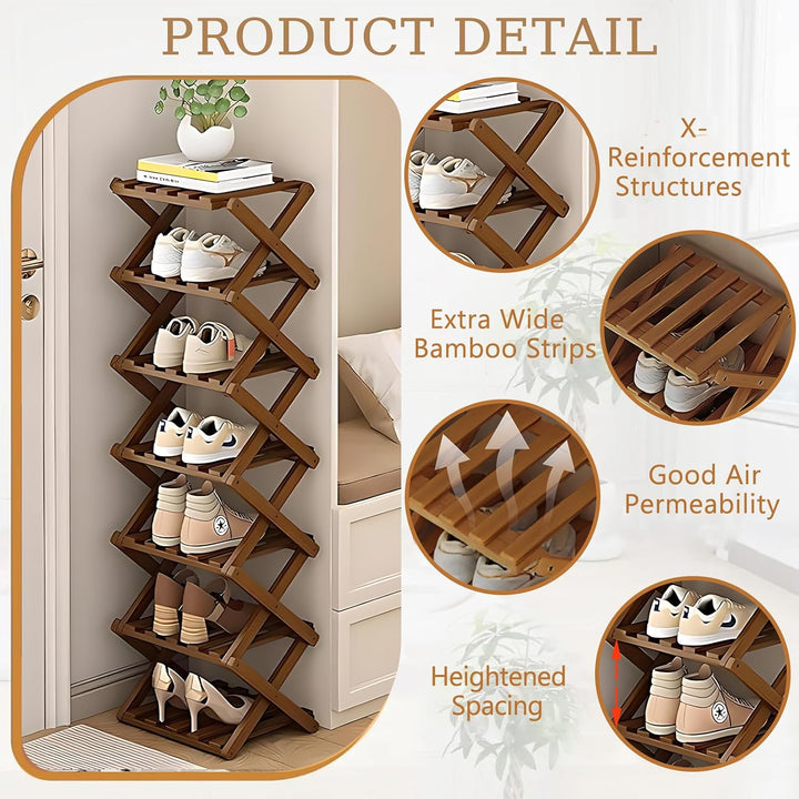Vertikales Schuhregal Klein, Schuhschrank Hoch für Schlafzimmer, Wohnzimmer Braun, 7 Etagen, Braun,