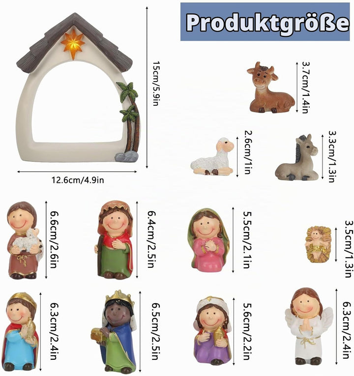 Weihnachtskrippe Set 12-teilig, Jesu Geburt mit Maria Josef Jesuskind, 3 Könige, Hirten &amp; Engel, Fig