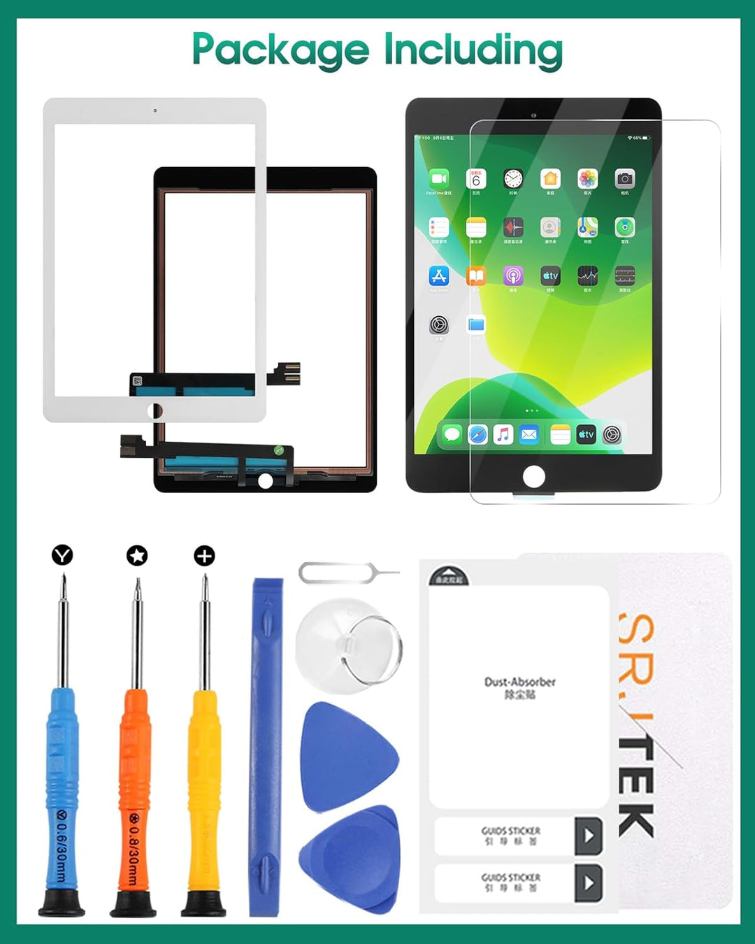 SRJTEK Ersatz-Touchscreen für iPad Pro 9.7 2016 Generation mit gehärtetem Glas + Werkzeug (kein LCD,