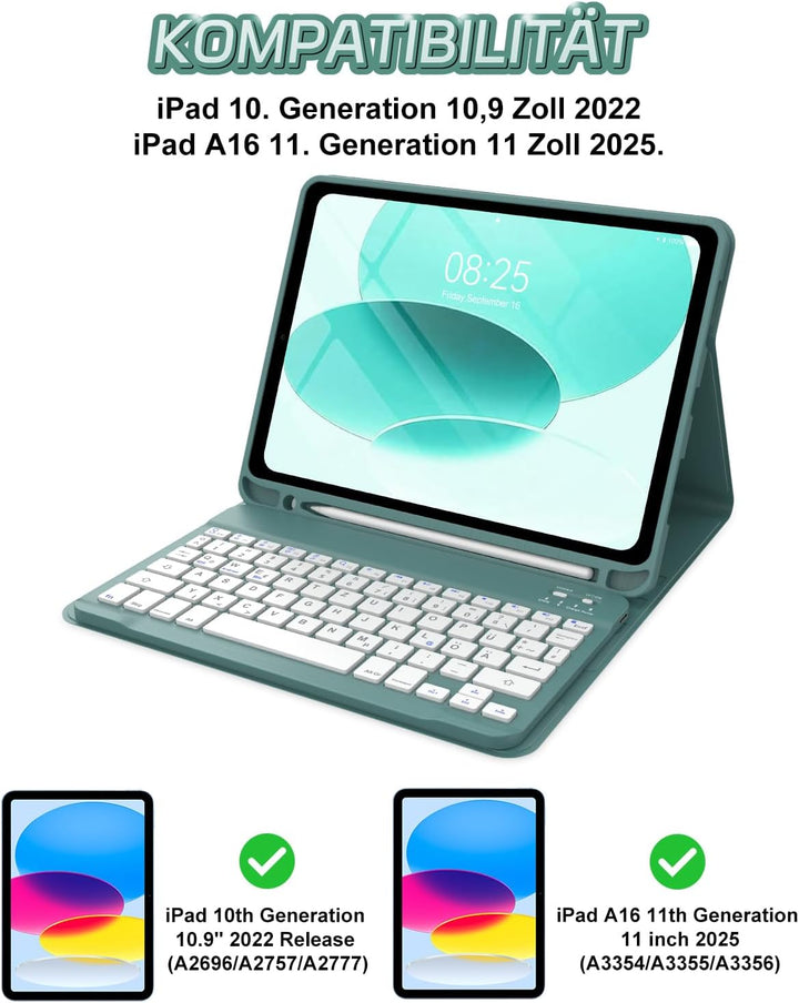 Tastatur Hülle für iPad 10 gen/A16 11 Gen - Soft TPU Rückseite Gehäuse Schutzhülle mit Pencil Halter