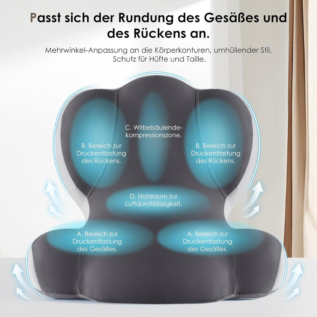 FLORICH Sitzkissen Orthopädisch und Lendenstützkissen Memory-Schaum Ergonomisches Sitzkissen einteil