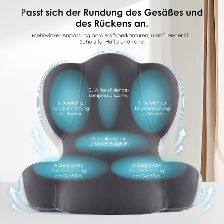 FLORICH Sitzkissen Orthopädisch und Lendenstützkissen Memory-Schaum Ergonomisches Sitzkissen einteil