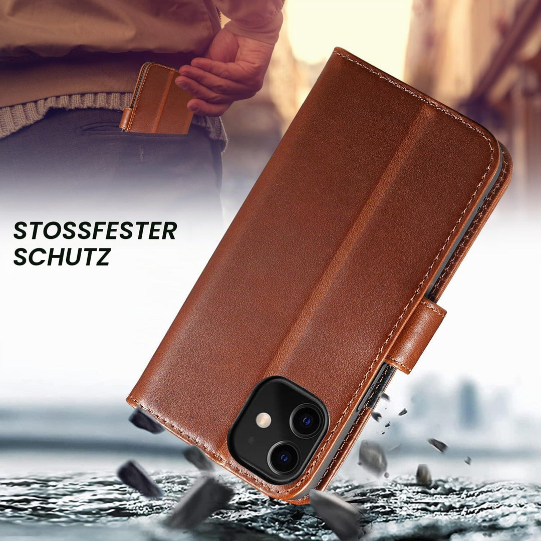 LENSUN Echtleder Handyhülle für iPhone 12 Mini, Dunkelbraun | Echtes Leder Hülle, Standfunktion, Mag