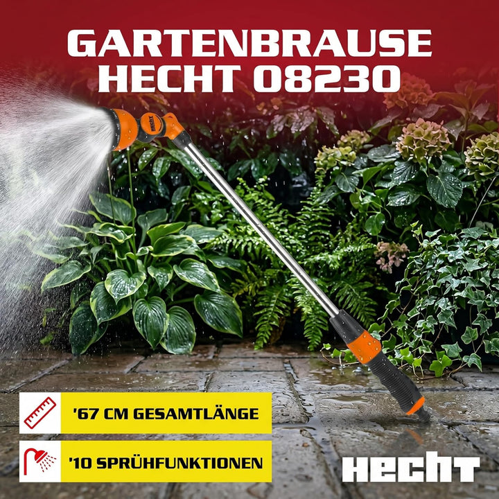 HECHT Gartenbrause mit Giessstab aus Metall, 67 cm, 10 Sprühfunktionen &amp; 180° Sprühkopf, für Gartens