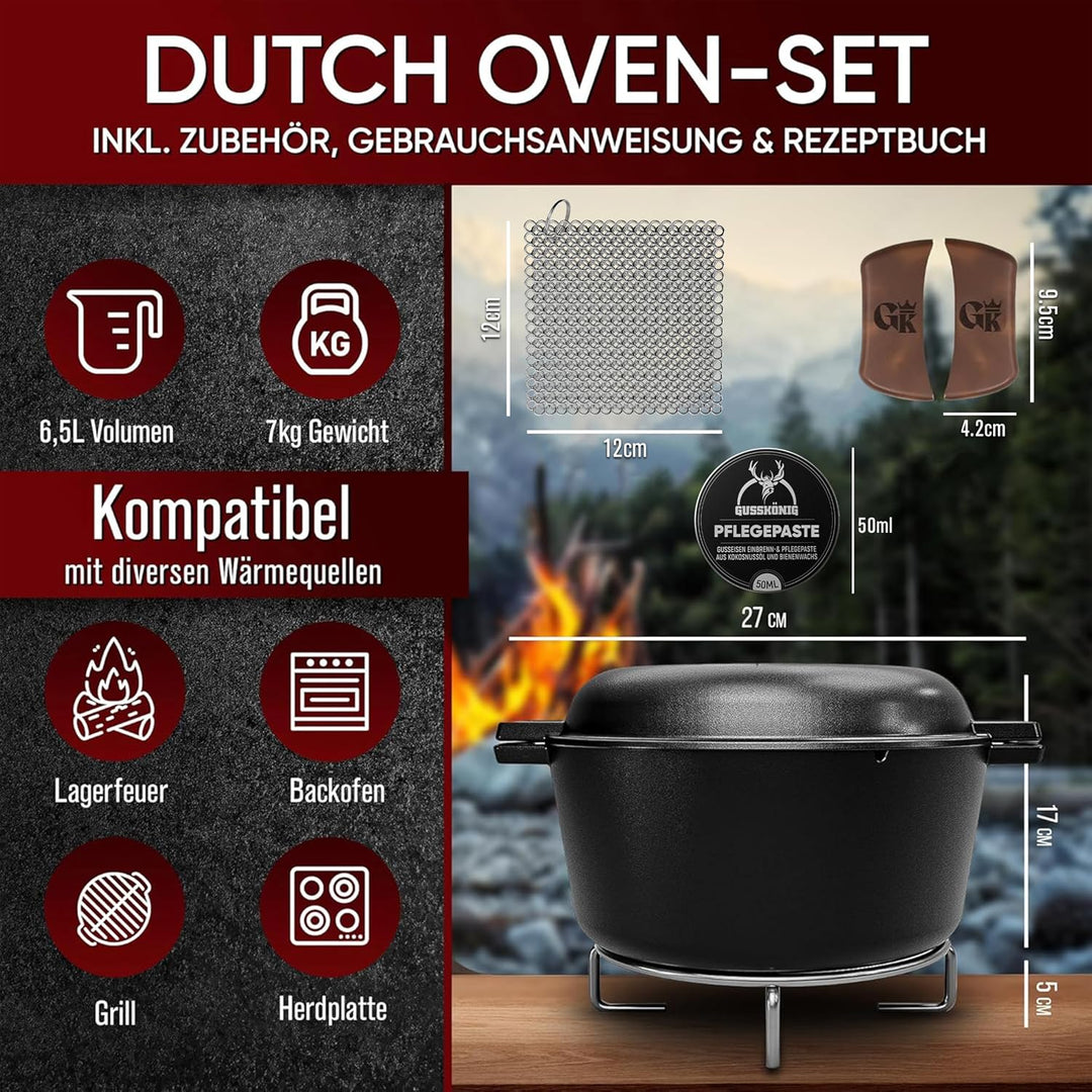 Dutch Oven–2in1 Eingebrannter Gusseisen Topf 4,8 L &amp; Gusspfanne 1,8 L–Dutch Oven Set mit Schmortopf