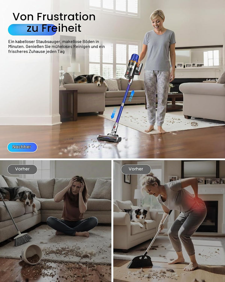 Akku Staubsauger für Zuhause kabelloser Stabstaubsauger: 45K Pa, 550 W, 65 Min, Anti-Tangle-Bürste,
