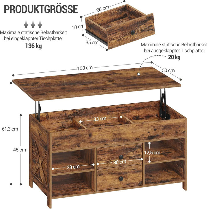 Hzuaneri Couchtisch, höhenverstellbarer Wohnzimmertisch, Sofatisch, 2 Schubladen und Versteckter Sta