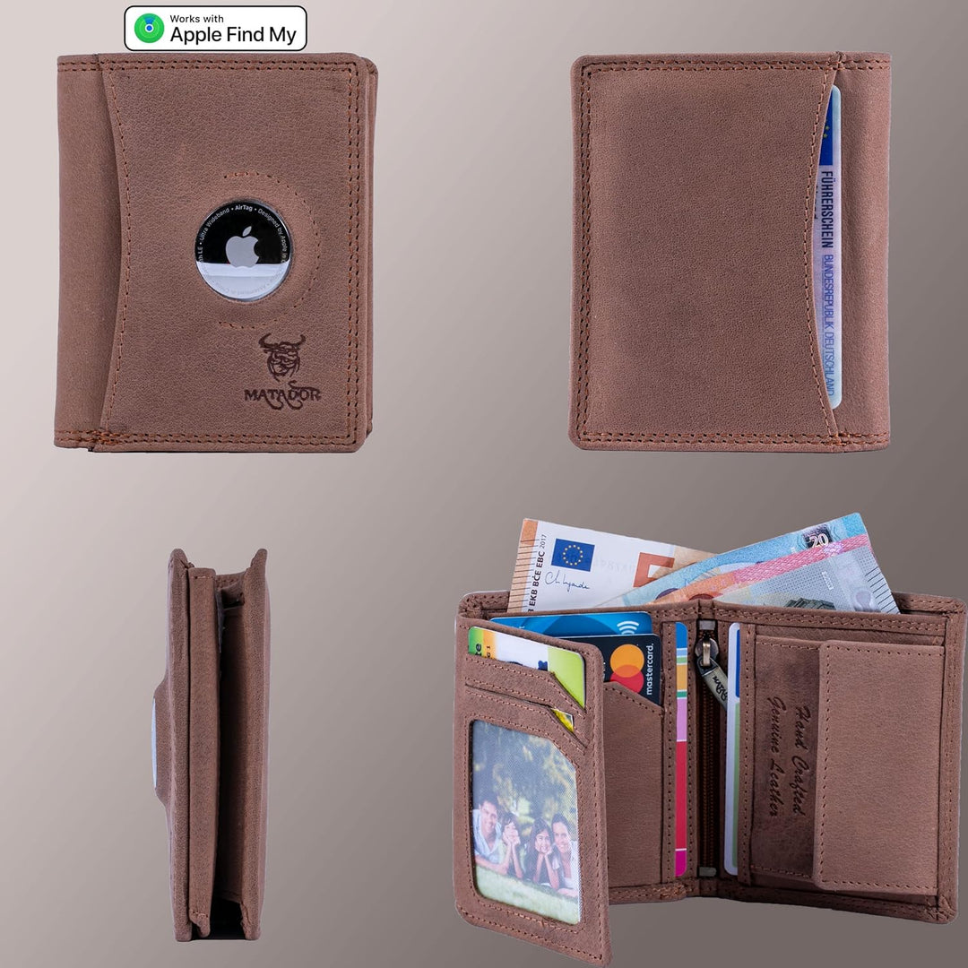 MATADOR Leder Geldbörse Herren mit AirTag Fach┃TüV geprüfter RFID &amp; NFC Schutz┃Kompaktes Slim Wallet