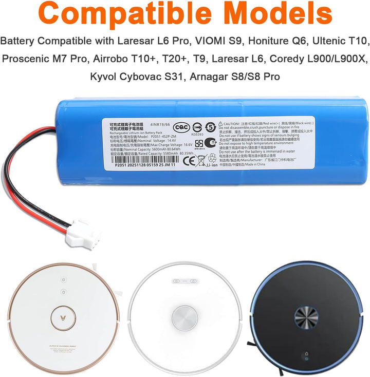 14,4V 5600mAh Li-Ionen-Akku, kompatibel mit Laresar L6 Pro, VIOMI S9, Honiture Q6, Q6 Pro, Ultenic T
