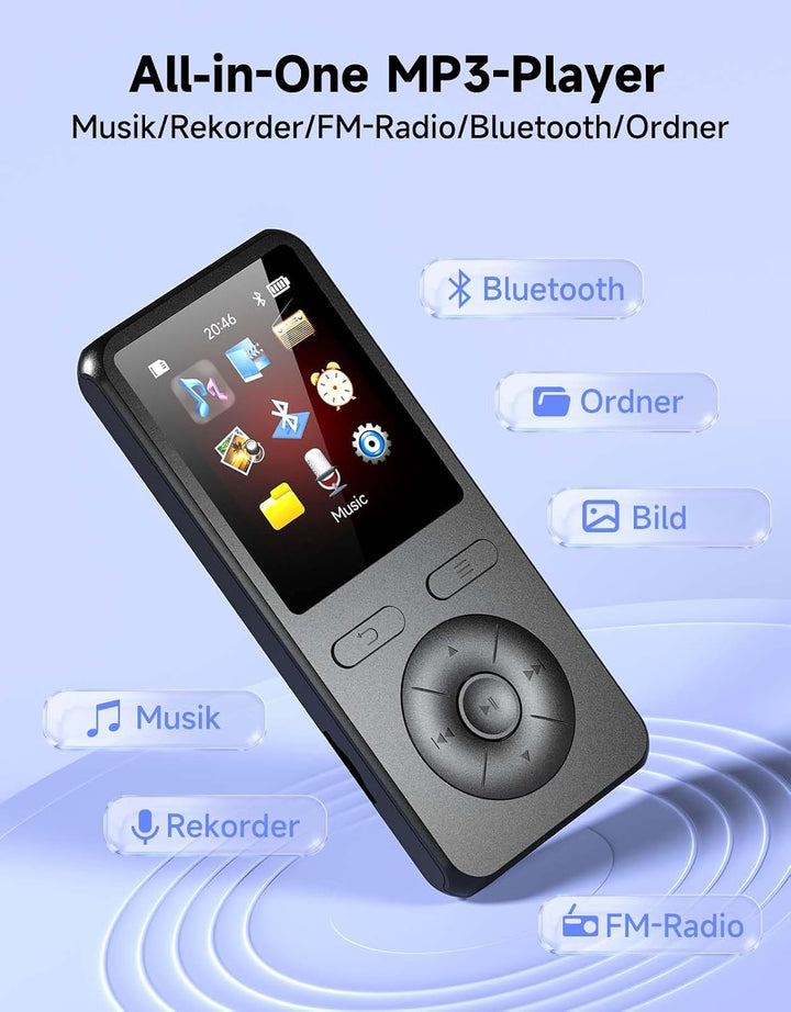 64GB MP3 Player Bluetooth 5.3,mit Lautsprecher,physische Tasten,Ultraleicht Matt Schwarz, Matt Schwa