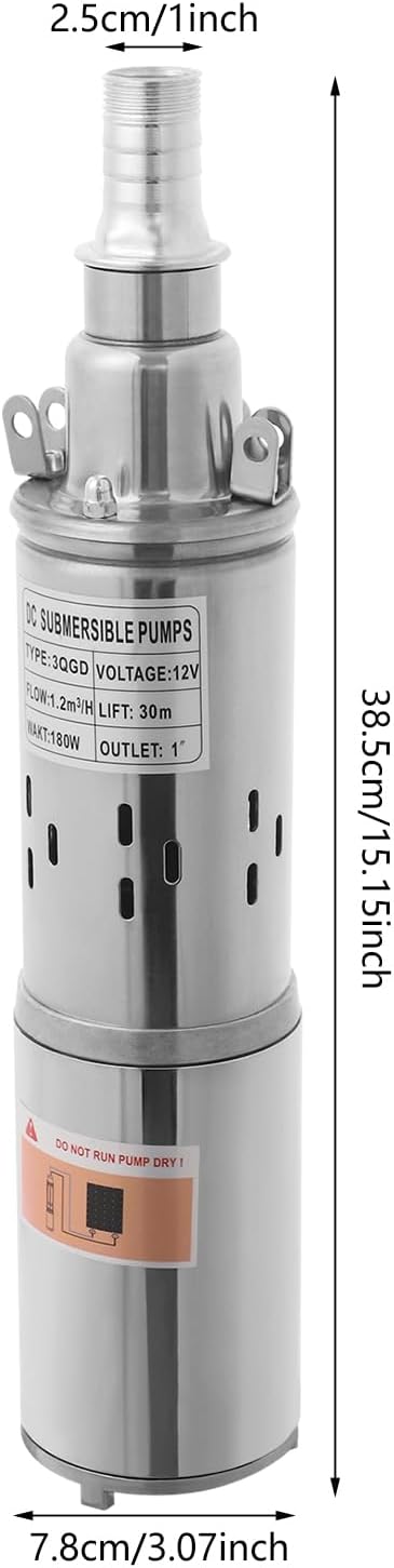Tauchpumpe Wasserpumpe 12V 180W, Tiefbrunnen-Tauchpumpe aus Edelstahl mit Kupfermotor, 1,2 m³/h, 30