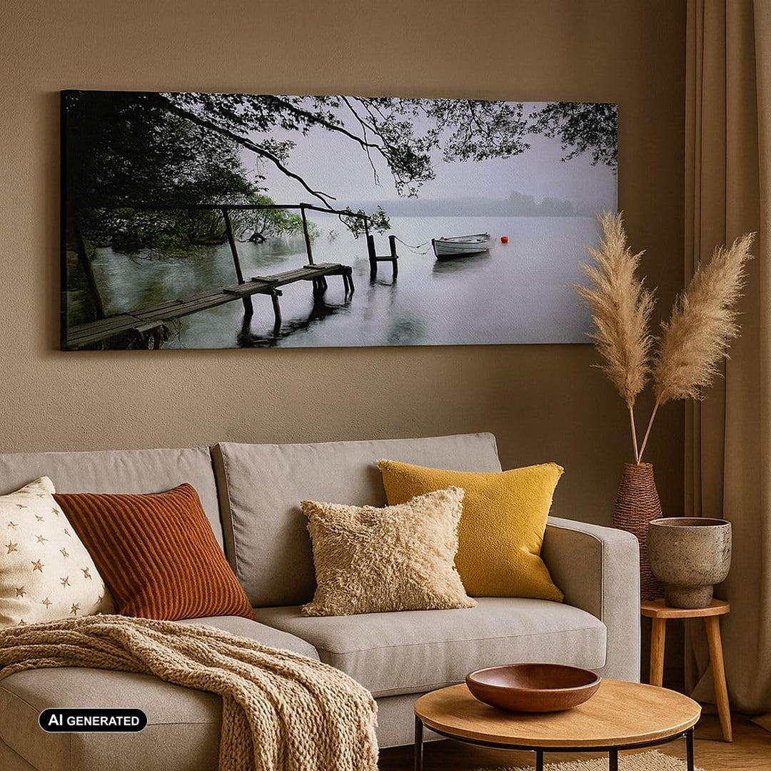 Wandbilder Dekoration Wohnzimmer See Dock Boot Bäume Panorama Bilder auf Leinwand 120x50cm Leinwandb