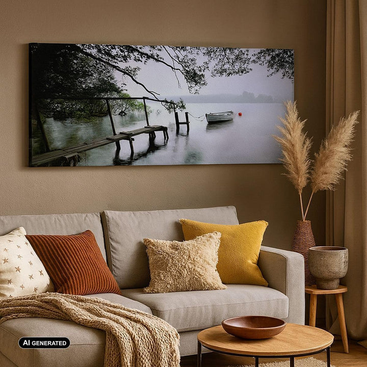 Wandbilder Dekoration Wohnzimmer See Dock Boot Bäume Panorama Bilder auf Leinwand 120x50cm Leinwandb