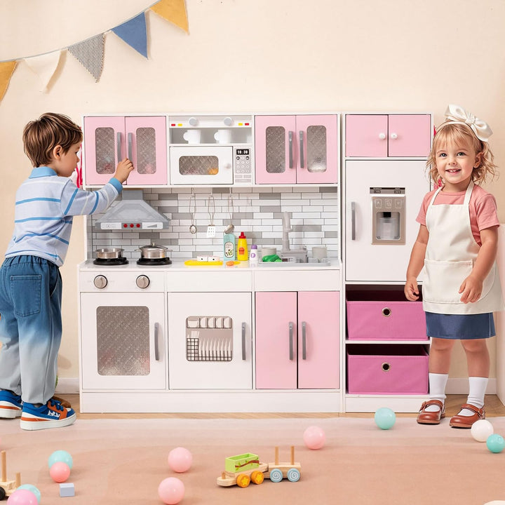 COSTWAY Kinderküche mit Licht, Sound &amp; Wasserfunktion, modulare Spielküche Rosa, Rosa